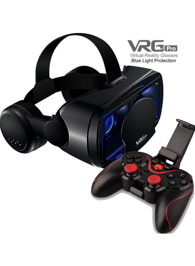 VRG VR Goggles VRG Pro 3D Virtual Reality VR Glasses + Hi-Fi Headphones Version, Blue Light Protection + Controller for TV, Movies & Video Games Compatible with iOS & Android Smartphone Within 5-7inch Screen Phone Eye Protected Soft & Comfortable Adjustable Distance Big Screen/ 3D Effect + Immersion /Full-Screen Vision, Full Screen, No Borders/ Immersive Games - Image 1